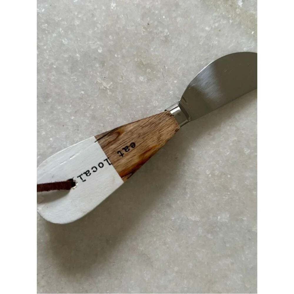 Cheese Spread Knife 'eat local' Wood Handle - White & Brown Charcuterie